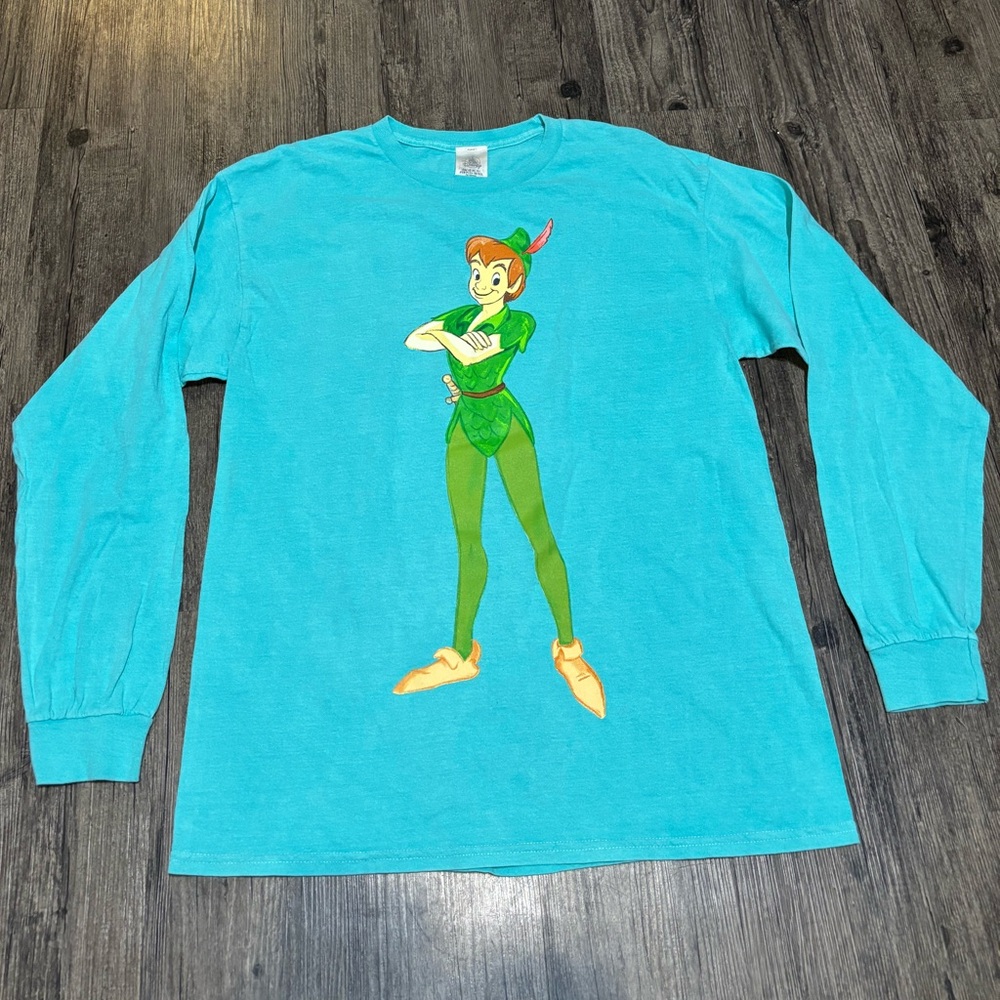 Turquoise Disney Parks Peter Pan Long Sleeve T-Shirt Unisex Large 100% Cotton